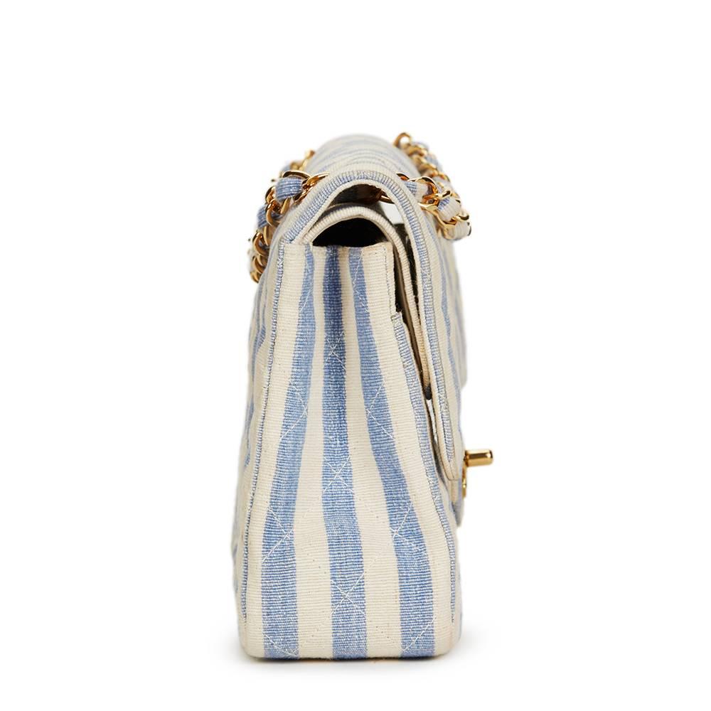 White 1990s Chanel Ivory & Blue Striped Linen Vintage Small Classic Double Flap Bag