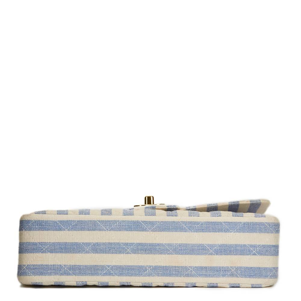 1990s Chanel Ivory & Blue Striped Linen Vintage Small Classic Double Flap Bag In Good Condition In Bishop's Stortford, Hertfordshire