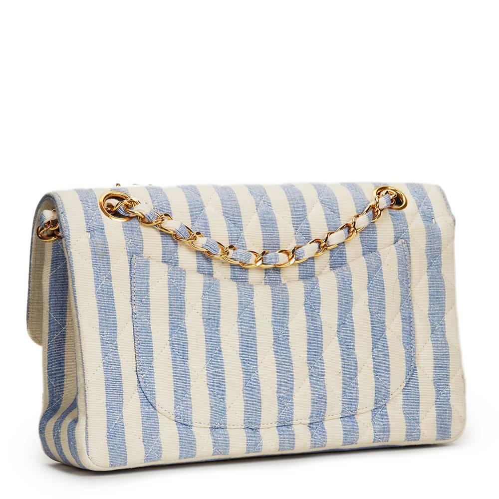 1990s Chanel Ivory & Blue Striped Linen Vintage Small Classic Double Flap Bag 2