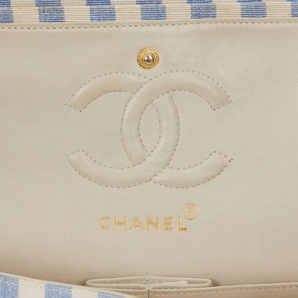 1990s Chanel Ivory & Blue Striped Linen Vintage Small Classic Double Flap Bag 4