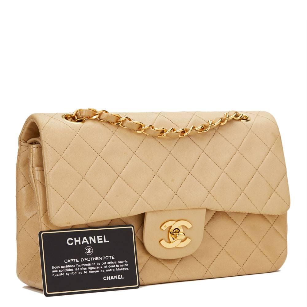 1990s Chanel Beige Quilted Lambskin Vintage Small Classic Double Flap Bag 6