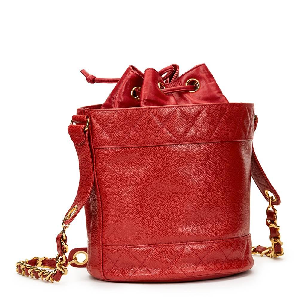 1990s Chanel Red Quilted Caviar Leather Vintage Bucket Bag 2