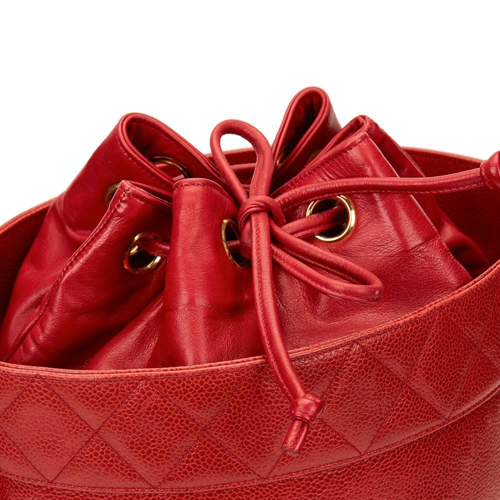 1990s Chanel Red Quilted Caviar Leather Vintage Bucket Bag 5