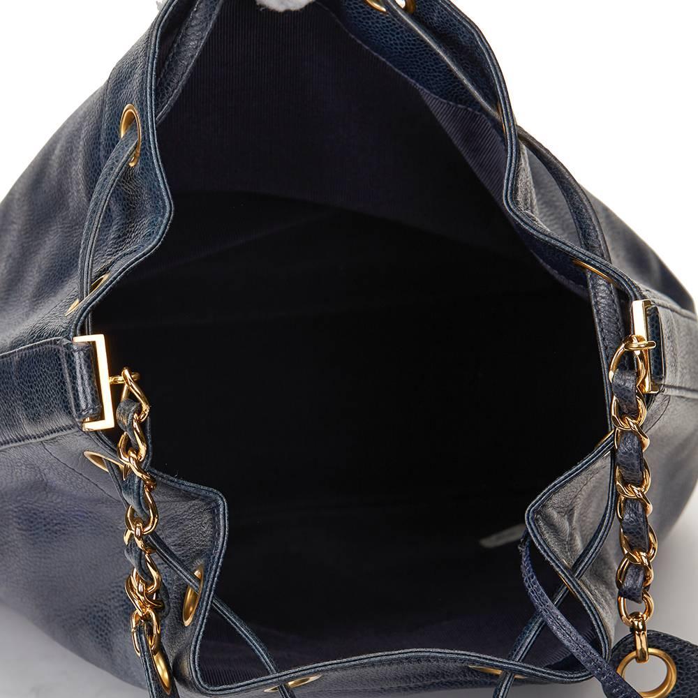 1990s Chanel Navy Caviar Leather Vintage Bucket Bag 3