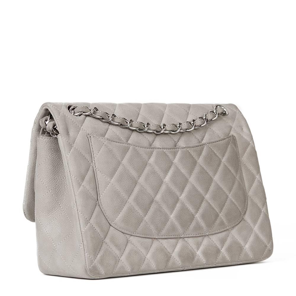 2012 Chanel Grey Quilted Caviar Suede Jumbo Classic Double Flap Bag In Good Condition In Bishop's Stortford, Hertfordshire