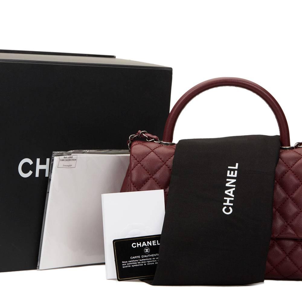 2016 Chanel Burgundy Quilted Caviar Leather Small Coco Handle 2