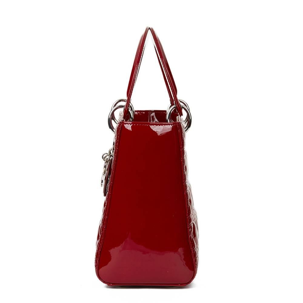 2014 Dior Deep Red Quilted Patent Leather Medium Lady Dior In Excellent Condition In Bishop's Stortford, Hertfordshire