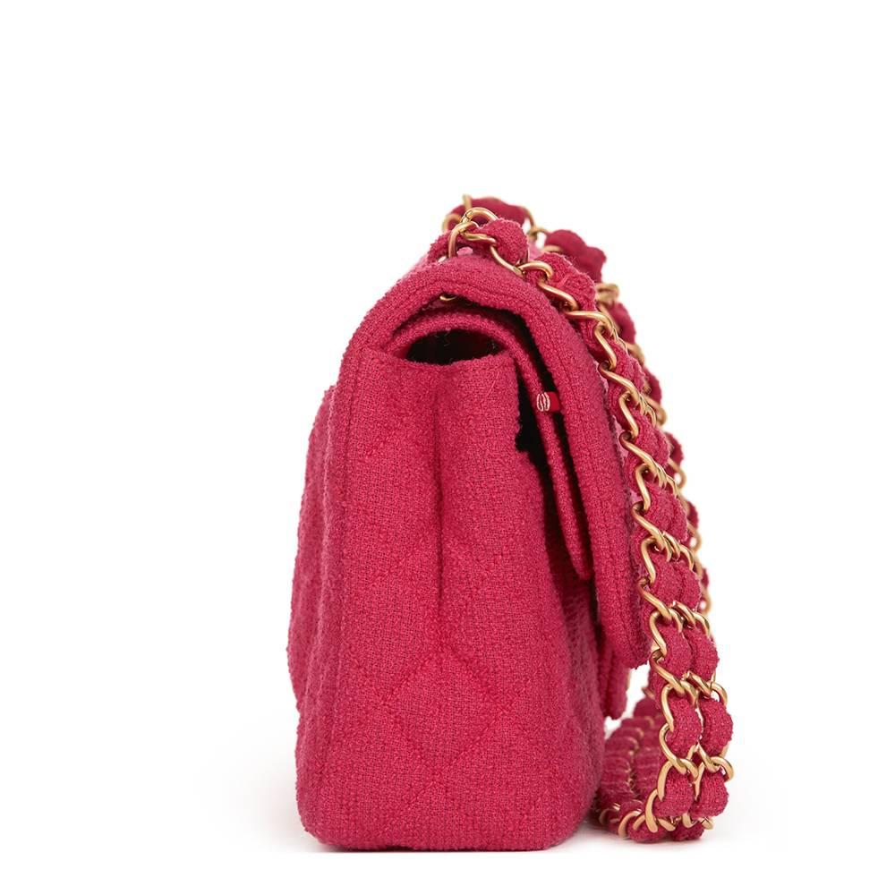 Red 2009 Chanel Fuchsia Quilted Bouclé Fabric Medium Classic Double Flap Bag