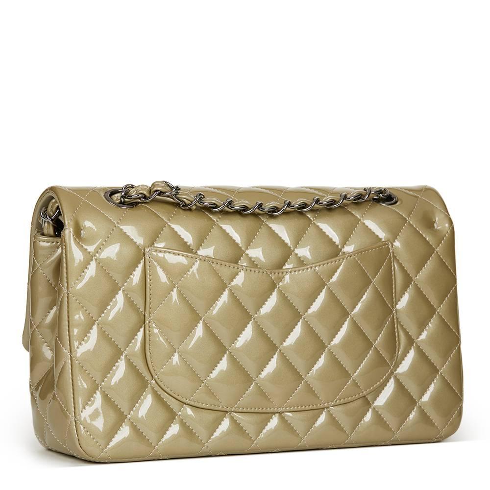 2010's Chanel Pale Olive Quilted Patent Leather Medium Classic Double Flap Bag In Excellent Condition In Bishop's Stortford, Hertfordshire