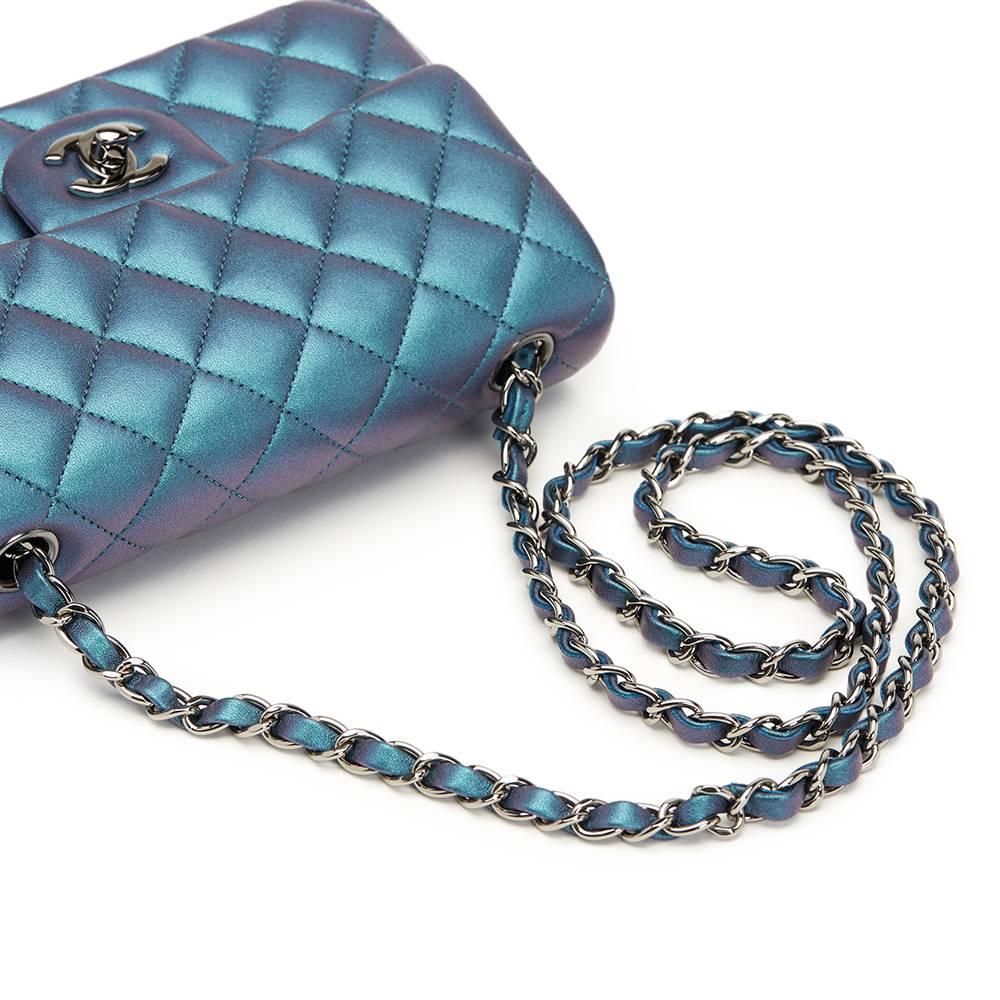 2017 Chanel Turquoise Metallic Quilted Lambskin Rectangular Mini Flap Bag In Excellent Condition In Bishop's Stortford, Hertfordshire