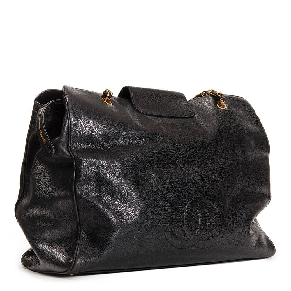 1990s Chanel Black Caviar Leather Vintage Jumbo Supermodel Tote 1