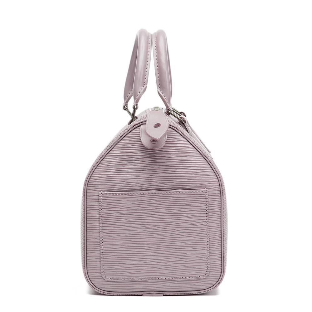 LOUIS VUITTON
Lilac Epi Leather Speedy 25

 Reference: HB1380
Serial Number: SP1010
Age (Circa): 2000
Authenticity Details: Date Stamp (Made in France)
Gender: Ladies
Type: Tote

Colour: Lilac
Hardware: Matte Silver
Material(s): Epi