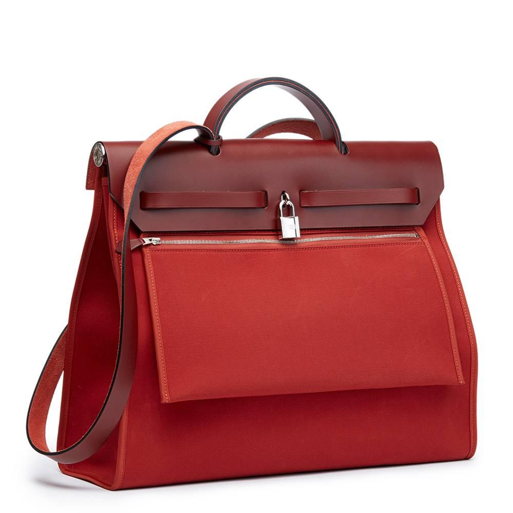 Red 2015 Hermes Rouge H Hunter Cowhide Leather & Rouge Venitienne Canvas Herbag Zip 