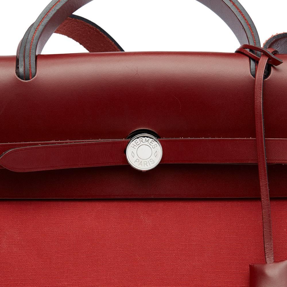 Women's 2015 Hermes Rouge H Hunter Cowhide Leather & Rouge Venitienne Canvas Herbag Zip 