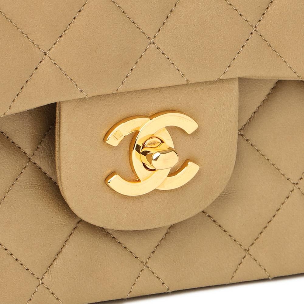 1990s Chanel Dark Beige Quilted Lambskin Vintage Small Classic Double Flap Bag In Good Condition In Bishop's Stortford, Hertfordshire