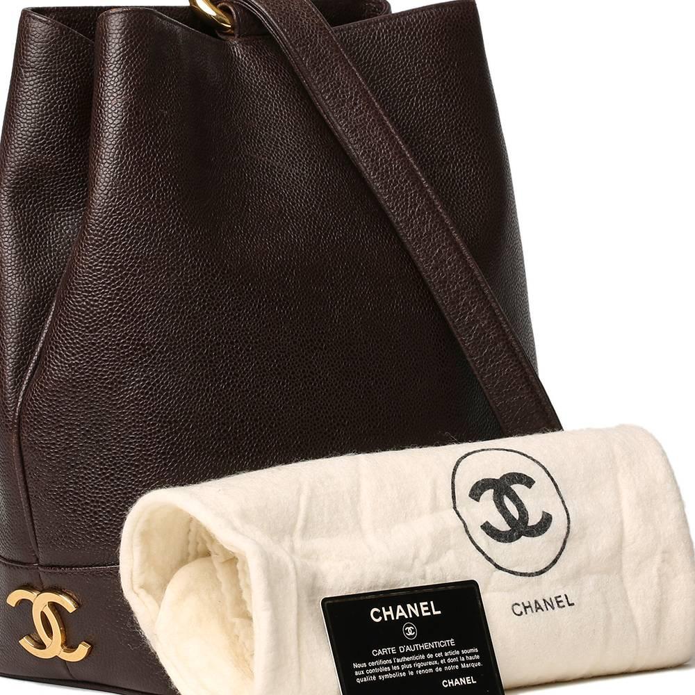 1990s Chanel Brown Caviar Leather Vintage Bucket Bag 3