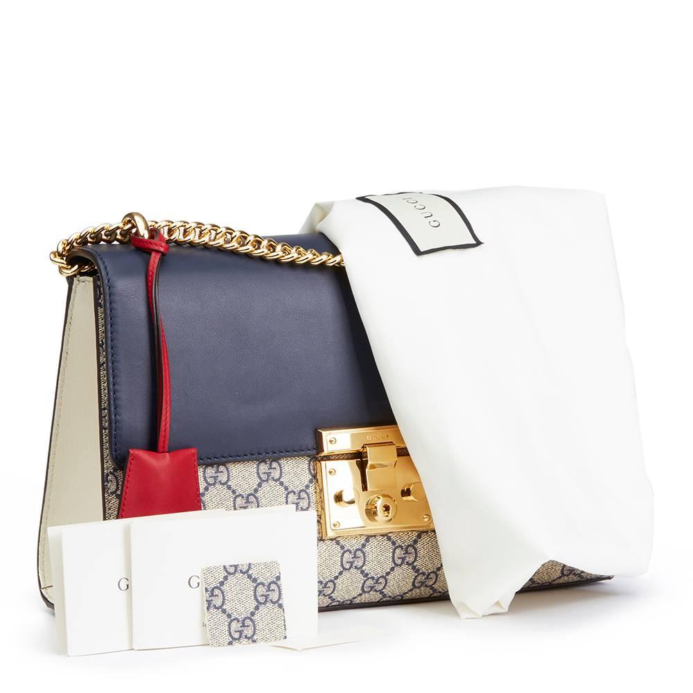 Gucci, Blue, White, Red Calfskin GG Supreme Canvas Padlock Shoulder Bag  4