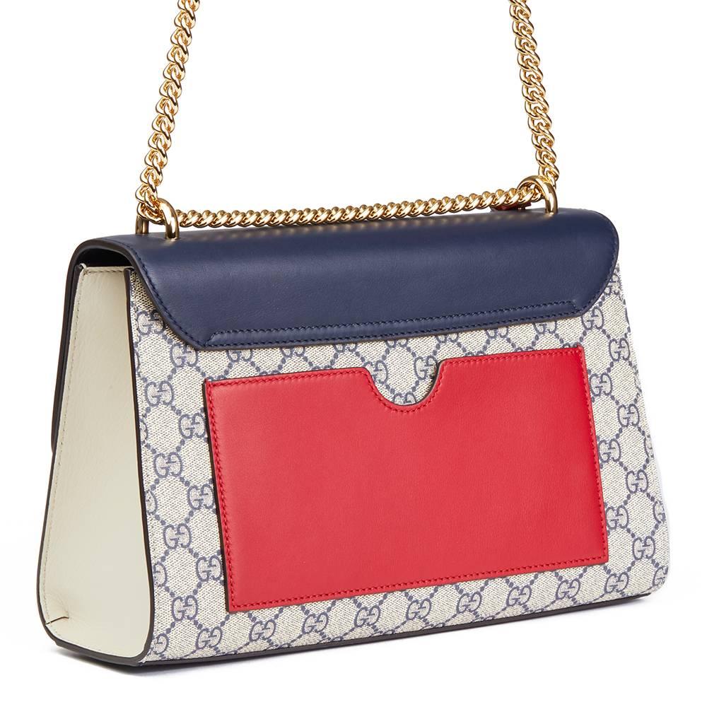 Black Gucci, Blue, White, Red Calfskin GG Supreme Canvas Padlock Shoulder Bag 