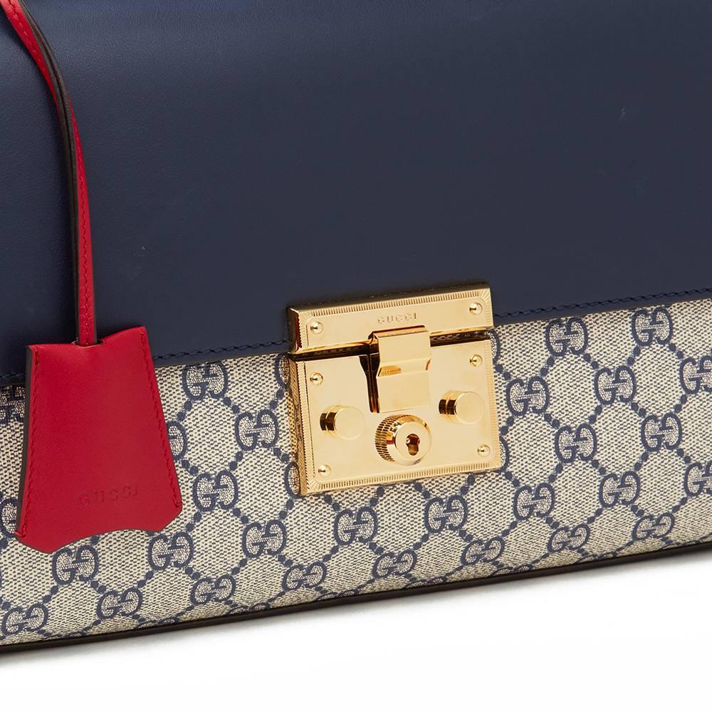 Women's Gucci, Blue, White, Red Calfskin GG Supreme Canvas Padlock Shoulder Bag 