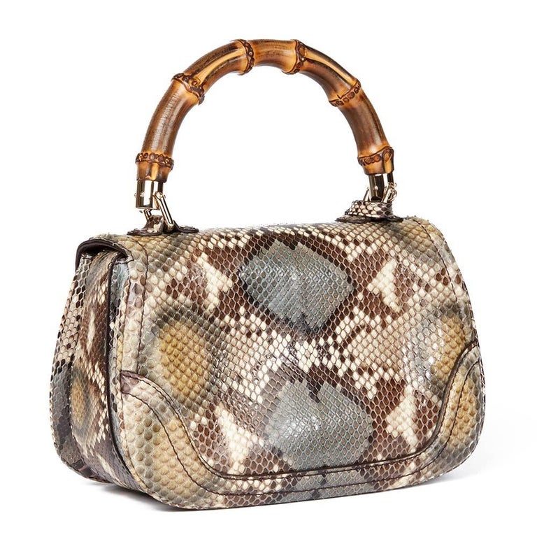 Gucci Khaki Python Leather Bamboo Classic Top Handle Bag For Sale at