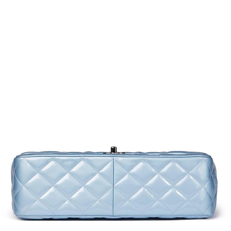 Chanel Sky Blue Quilted Iridescent Patent Leather Jumbo Classic Double ...