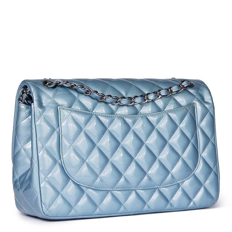 Chanel Sky Blue Quilted Iridescent Patent Leather Jumbo Classic Double Flap  Bag at 1stDibs
