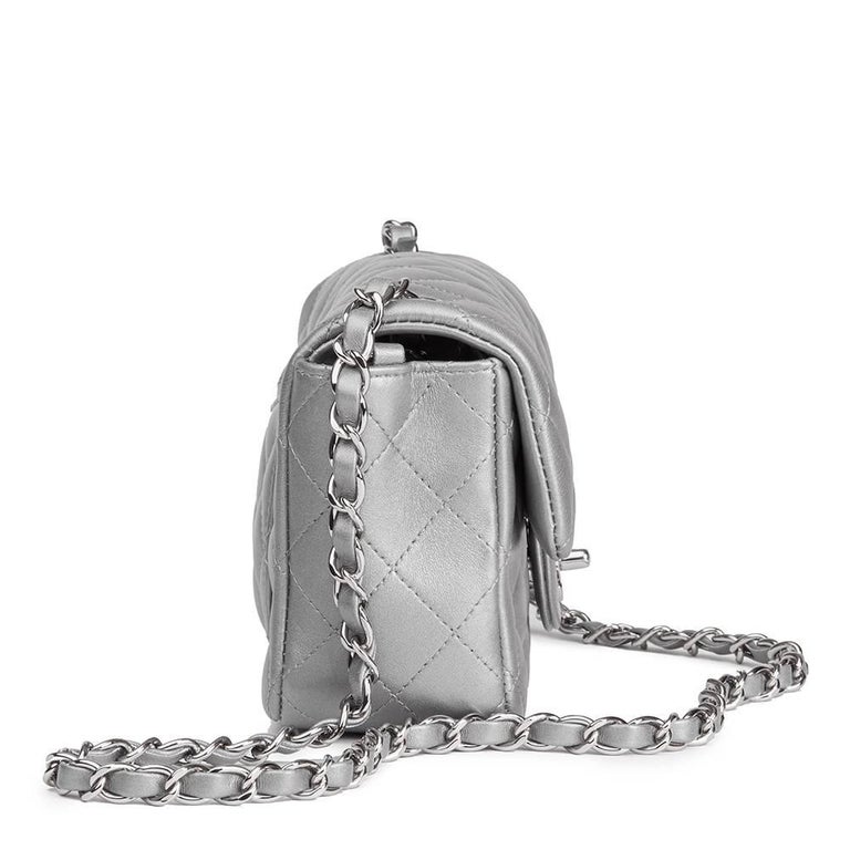 Chanel Silver Metallic Quilted Lambskin Rectangular Mini Flap Bag