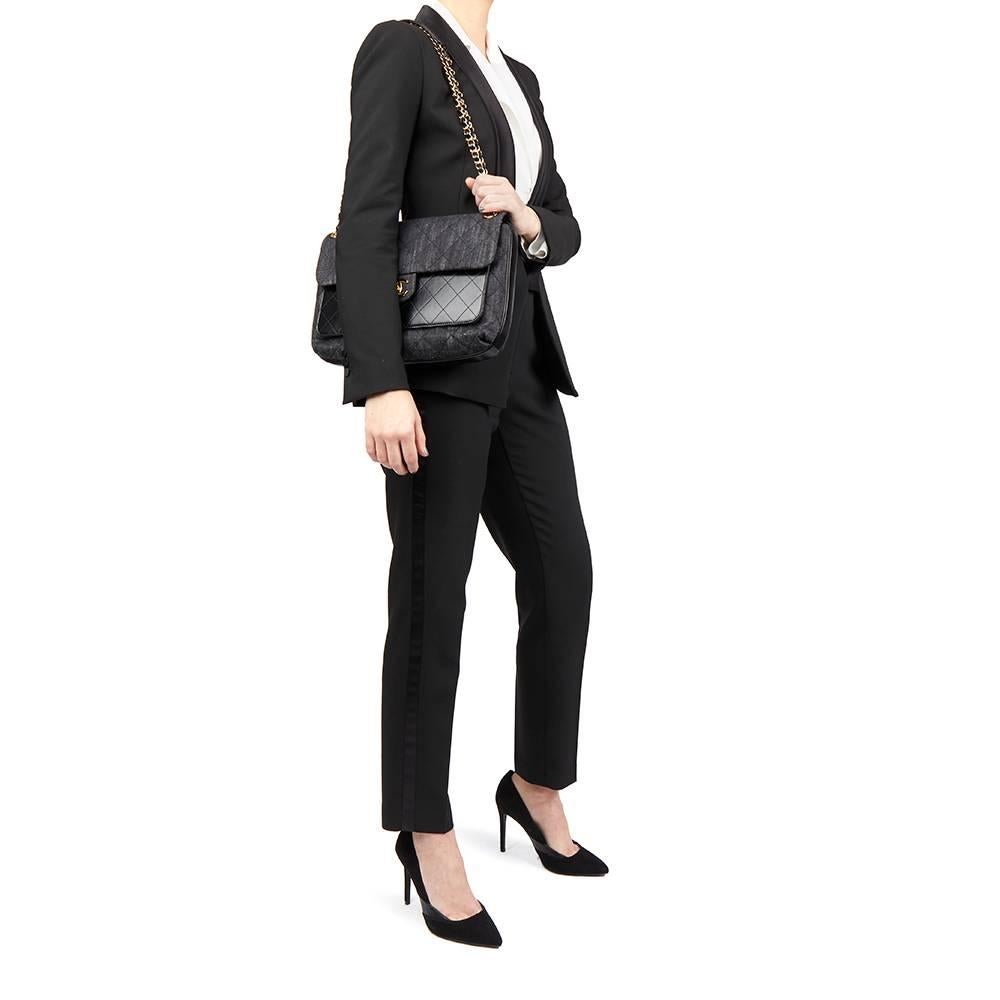 2016 Chanel Indigo Blue Quilted Denim & Black Calfskin Leather Single Flap Bag  6