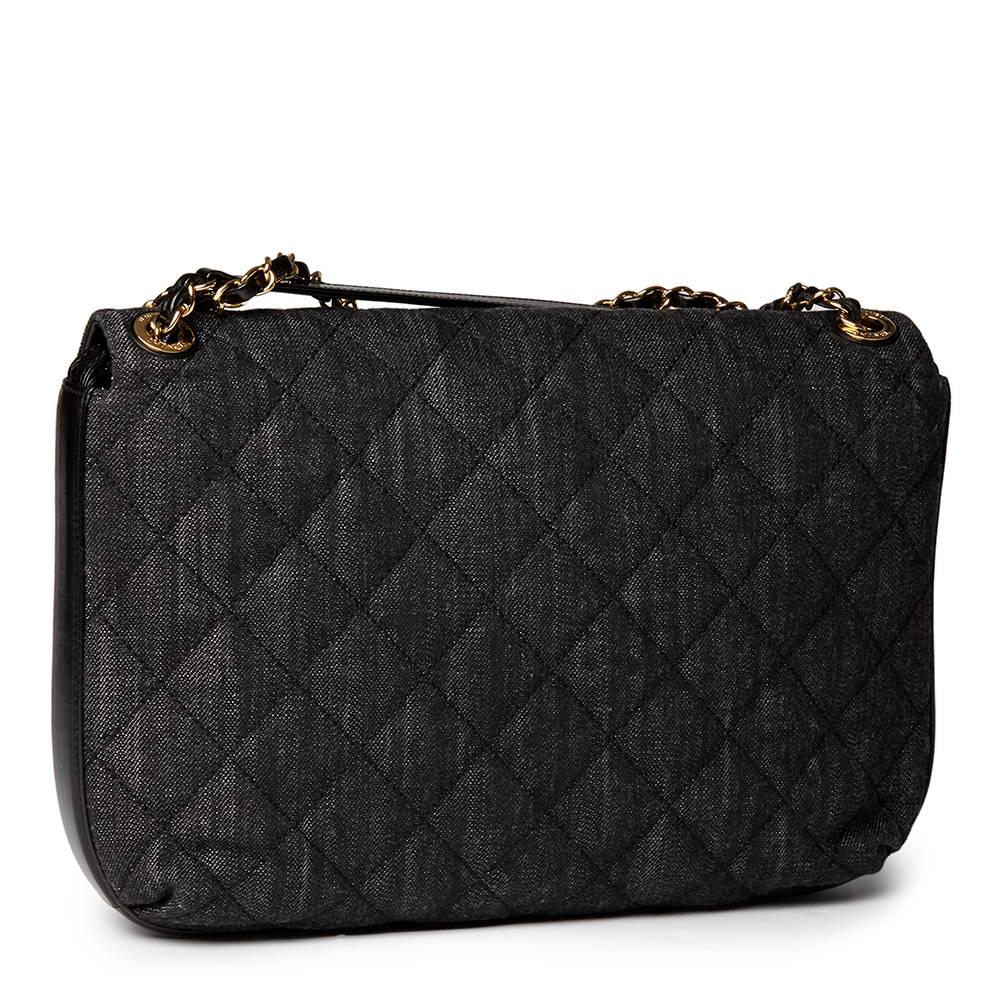 Women's 2016 Chanel Indigo Blue Quilted Denim & Black Calfskin Leather Single Flap Bag 