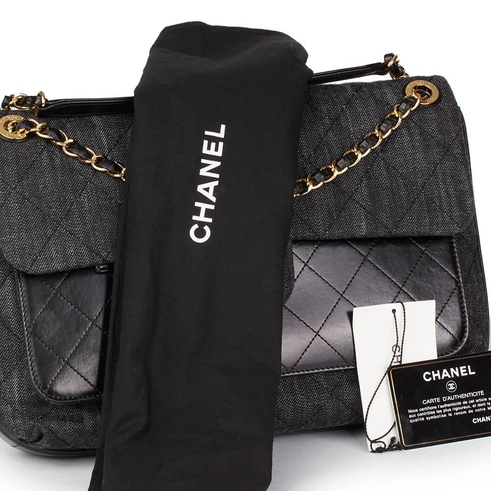 2016 Chanel Indigo Blue Quilted Denim & Black Calfskin Leather Single Flap Bag  5