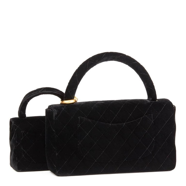 1995 Chanel Black Quilted Velvet Medium Kelly Flap Bag Mini Charm