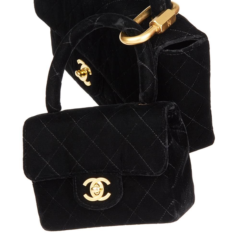 Women's 1995 Chanel Black Quilted Velvet Medium Kelly Flap Bag Mini Charm Set
