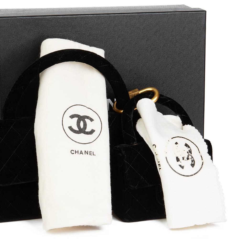 1995 Chanel Black Quilted Velvet Medium Kelly Flap Bag Mini Charm Set 4