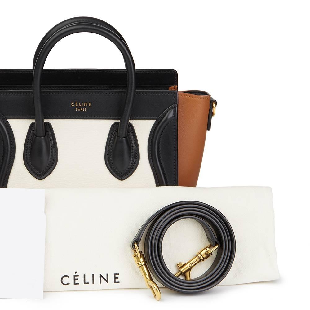 2015 Celine Black, White, Brown, Calfskin & Chevre Goatskin Leather Nano Tote  2