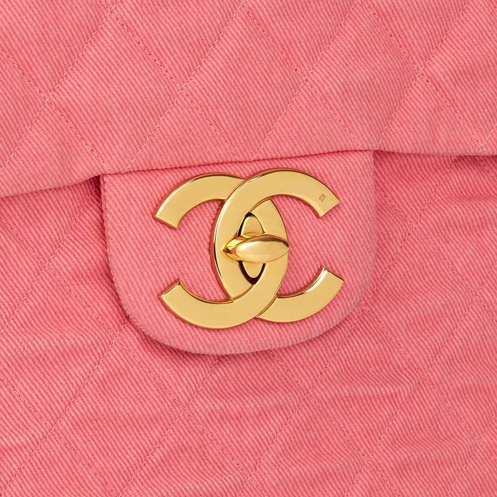 1993 Chanel Pink Quilted Denim Vintage Maxi Jumbo XL Flap Bag In Good Condition In Bishop's Stortford, Hertfordshire
