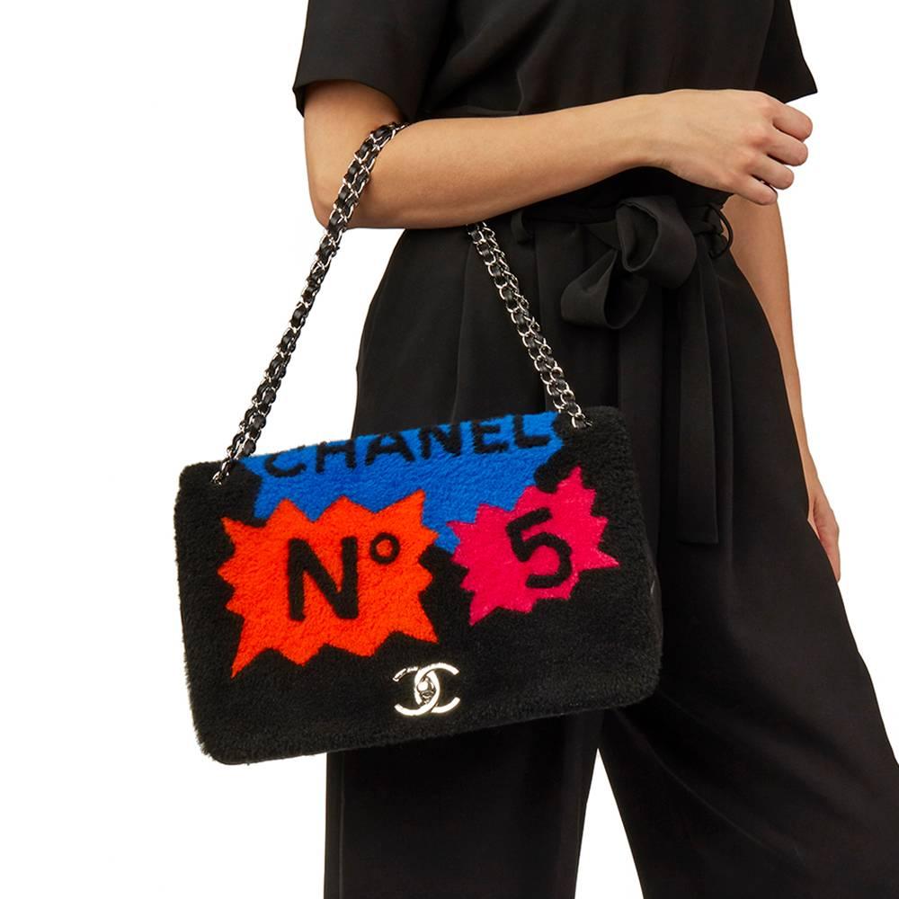 2014 Chanel Black Shearling & Lambskin Jumbo Patchwork Shearling Flap Bag 6
