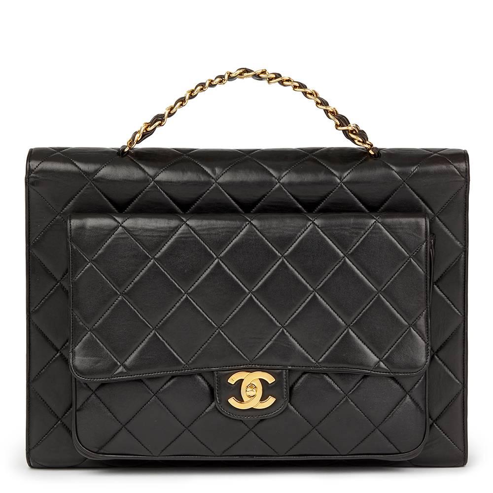 Women's 1995 Chanel Black Quilted Lambskin Vintage Jumbo XL Classic Briefcase 