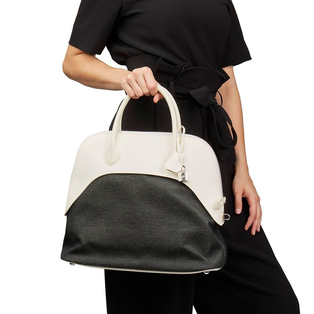 Hermes White Swift Leather and Black Denim Bolide 35cm Bag, 2013  7