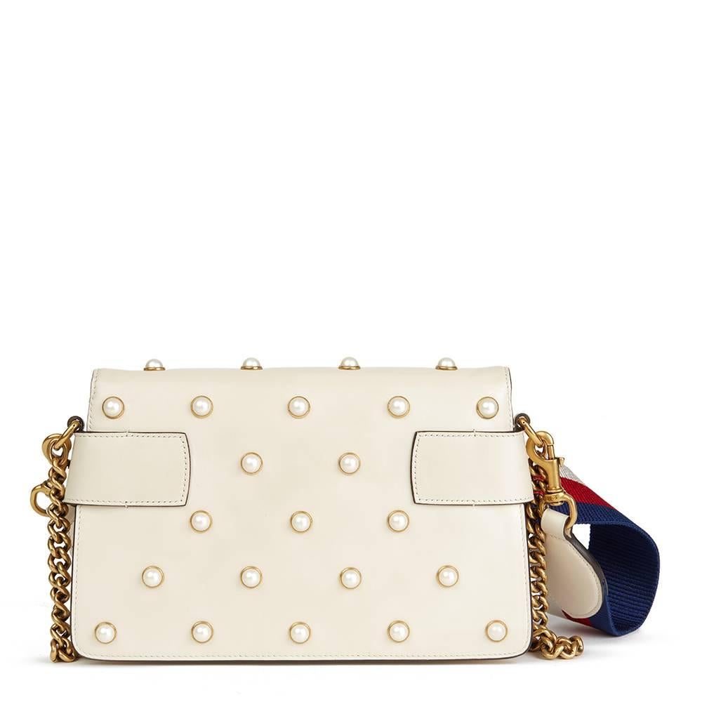 Beige Gucci Ivory Embellished Calfskin Leather Broadway Clutch, 2018  