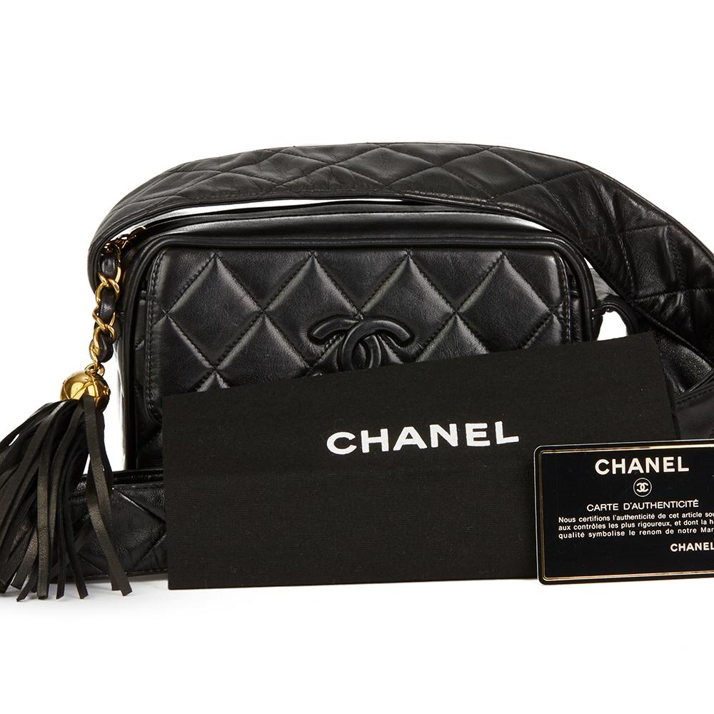 1994 Chanel Black Quilted Lambskin Vintage Leather Logo Fringe Camera Bag 4
