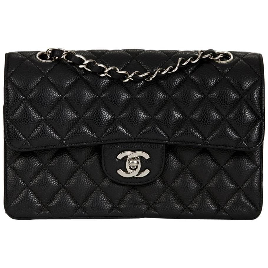 2000s Chanel Black Quilted Caviar Leather Small Classic Double Flap Bag 