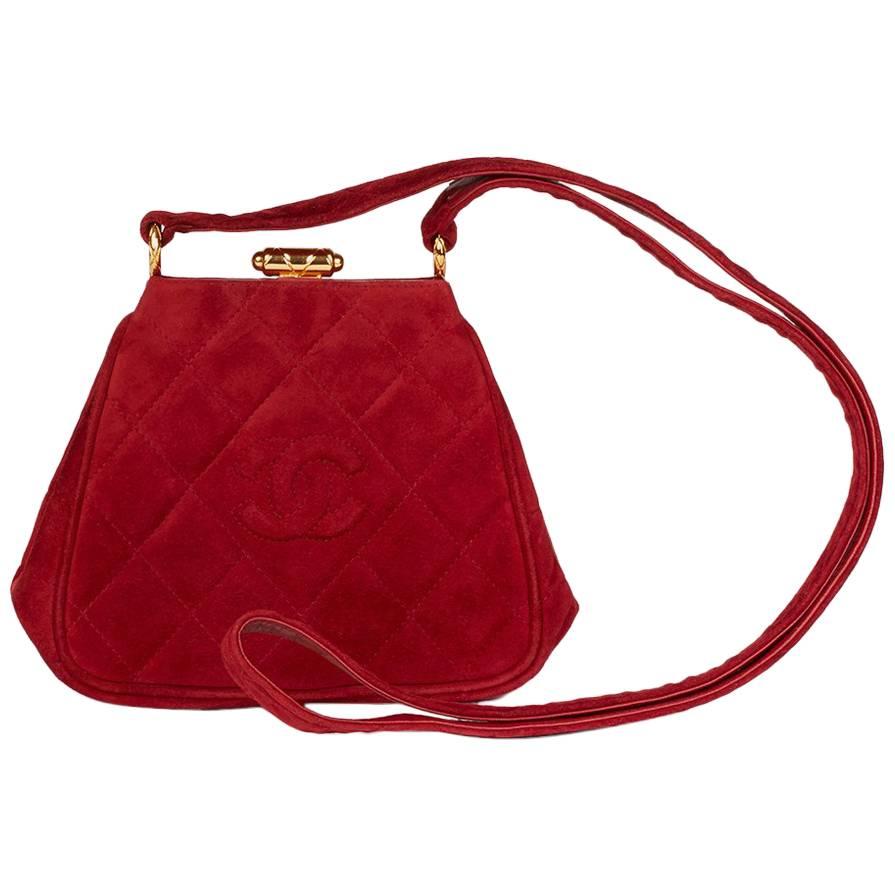 1993 Chanel Red Quilted Velvet Timeless Frame Bag 