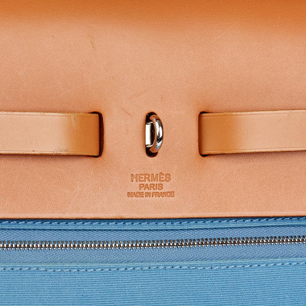 Women's 2011 Hermes Vache Hunter Cowhide Leather & Bleu Natural Canvas Herbag Zip 39