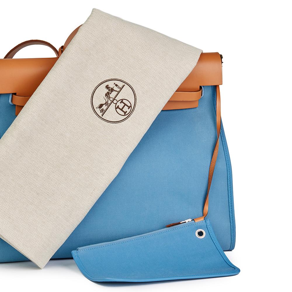 2011 Hermes Vache Hunter Cowhide Leather & Bleu Natural Canvas Herbag Zip 39 3