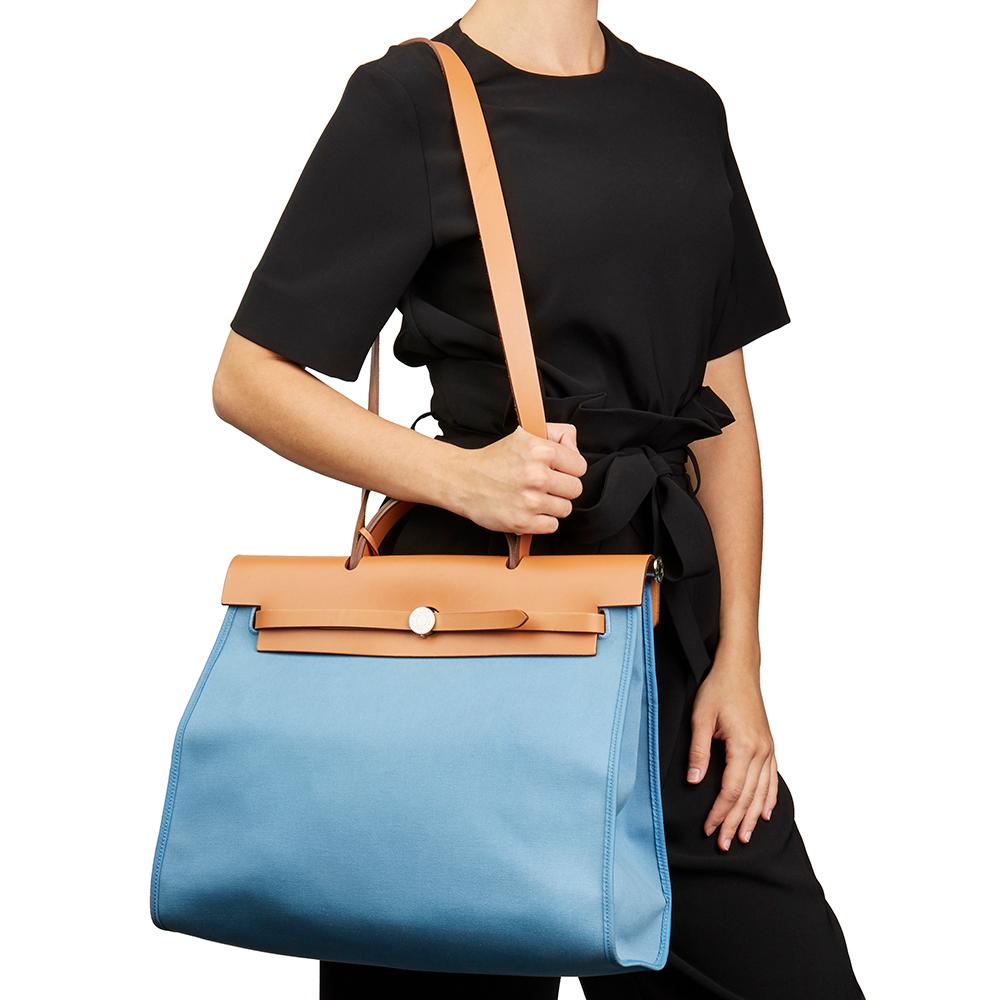 2011 Hermes Vache Hunter Cowhide Leather & Bleu Natural Canvas Herbag Zip 39 4