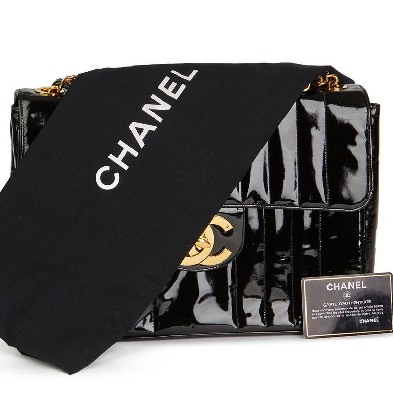 1994 Chanel Black Vertical Quilted Patent Leather Vintage Jumbo XL