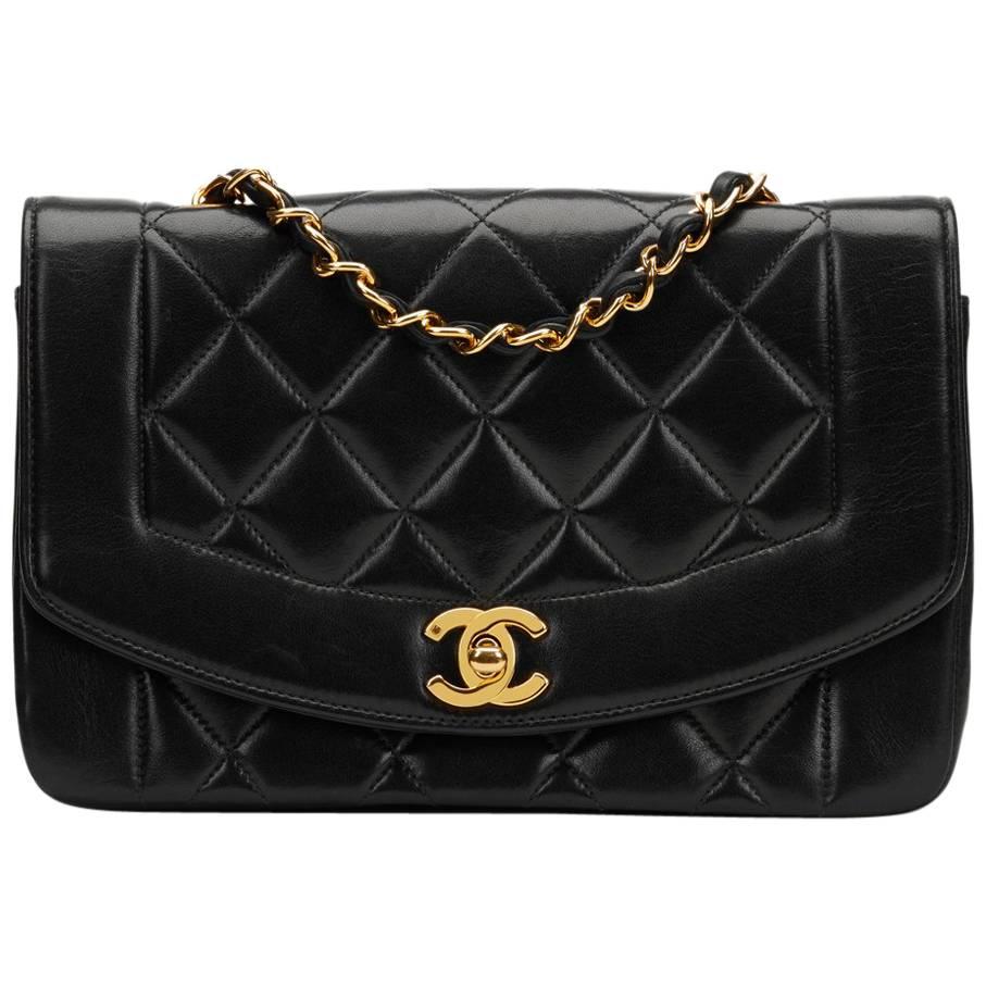 1996 Chanel Black Quilted Lambskin Vintage Small Diana Classic Double Flap Bag