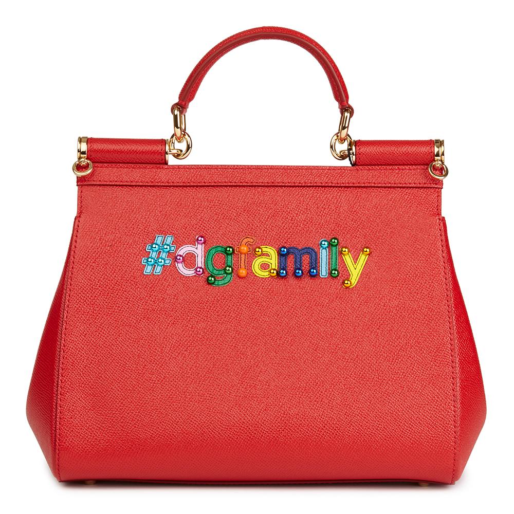 Dolce & Gabbana Red Beaded Dauphine Leather DG Family Patch Medium Sicily, 2018 In New Condition In Bishop's Stortford, Hertfordshire