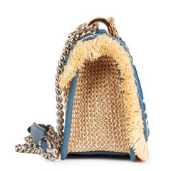 Fendi Blue Calfskin Leather and Embroidered Raffia Small Kan I F Bag