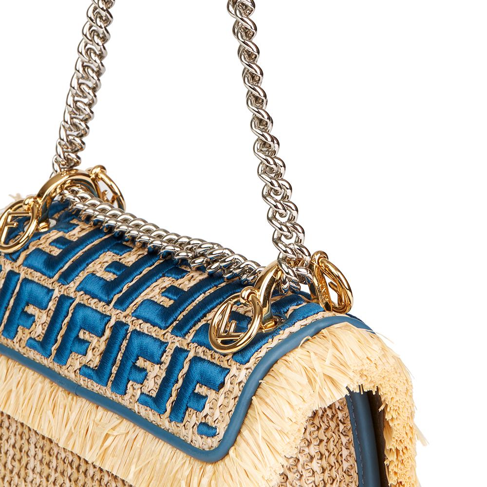 Beige Fendi Blue Calfskin Leather and Embroidered Raffia Small Kan I F Bag